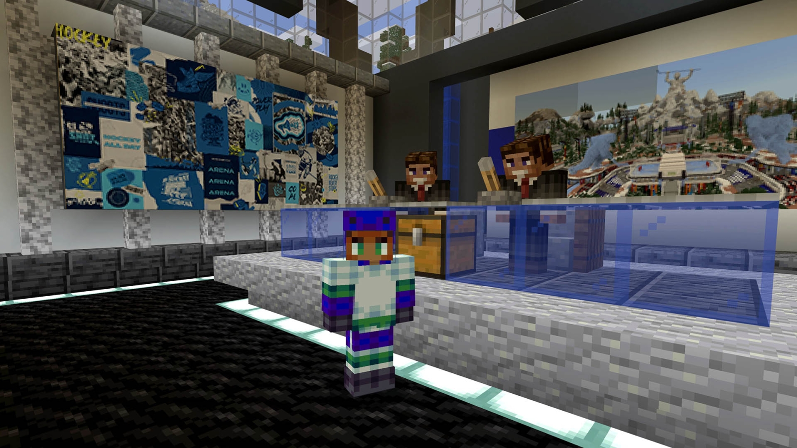 A avatar walking into the hockeyland studio where the press box is