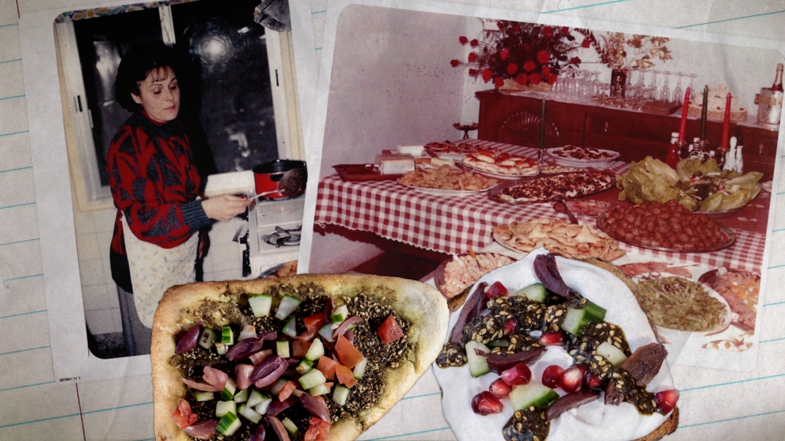 Middle eastern plates of food and pictures of family