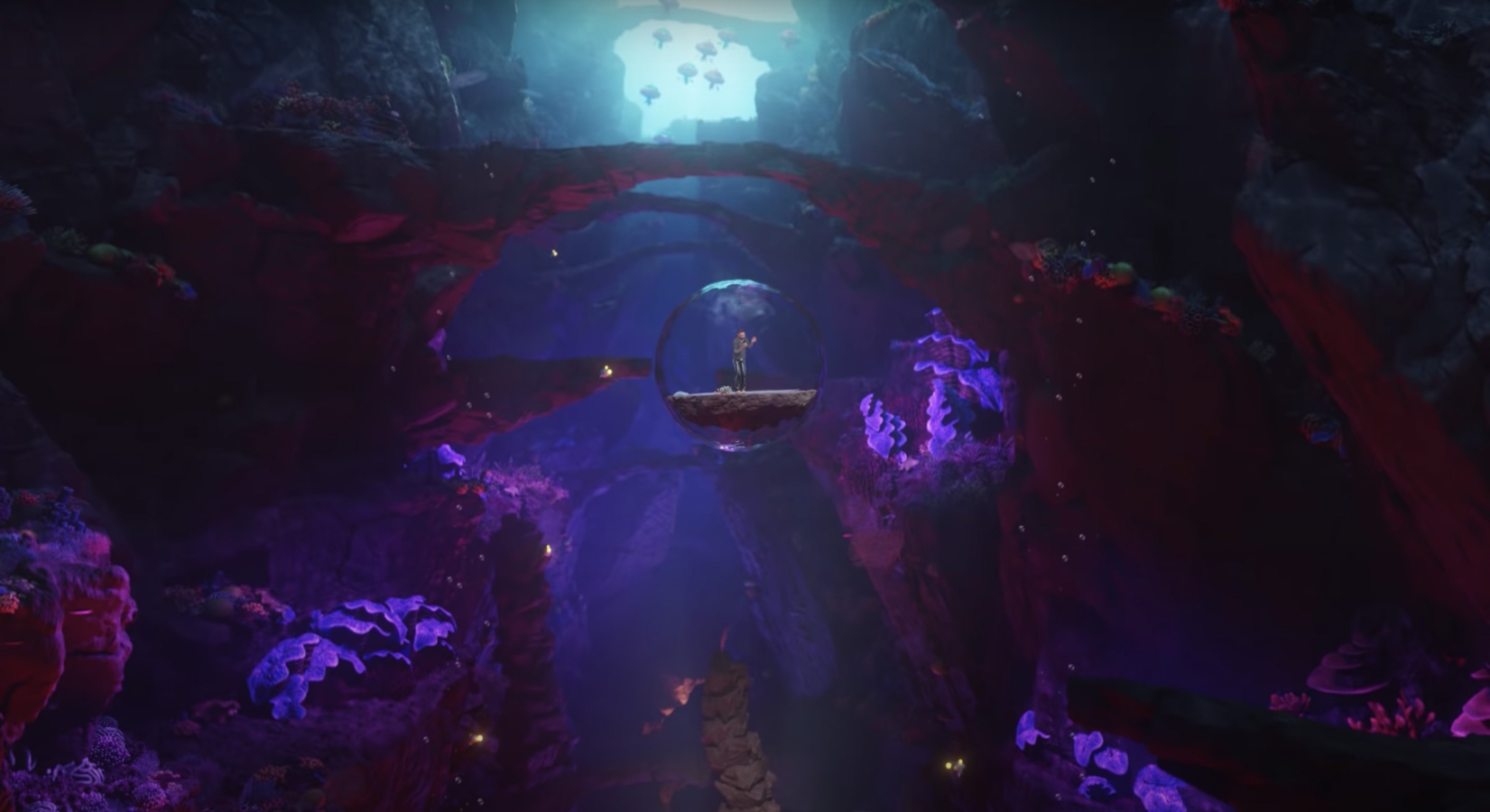 Post malone floating in a bubble inside a cave