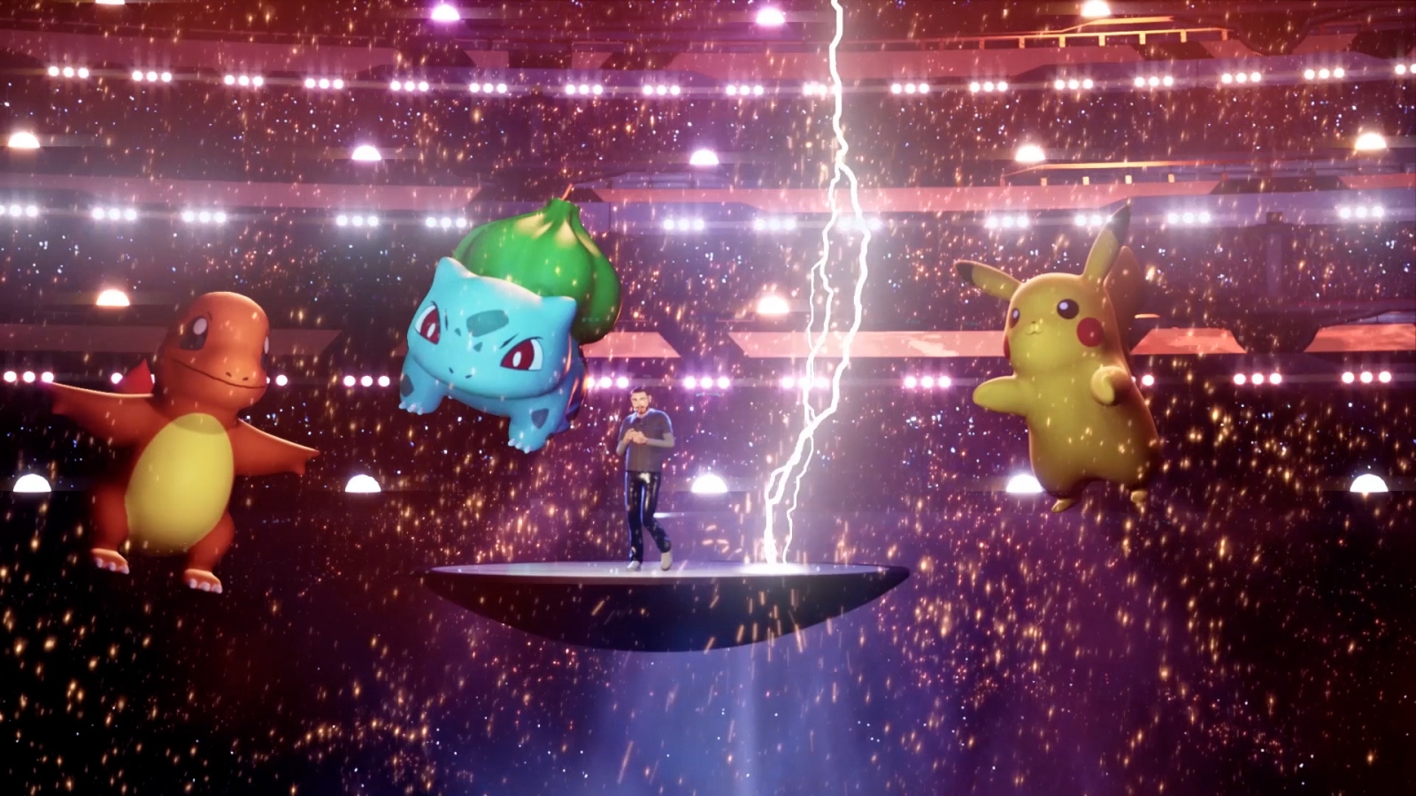 Post malone holding a mic singing around pokemon