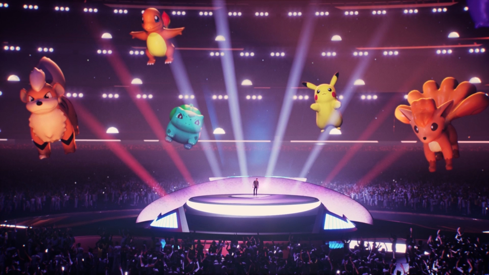 A virtual stage lit with lights and pokemon surrounding post malone