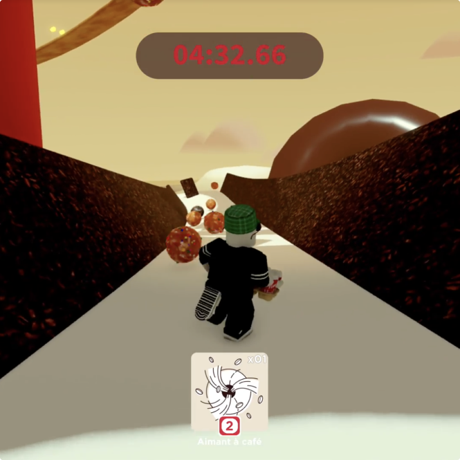 A person running down a stripped slide in the tim hortons roblox experience
