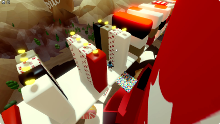 An avatar is going around the tim hortons obstacle course in roblox