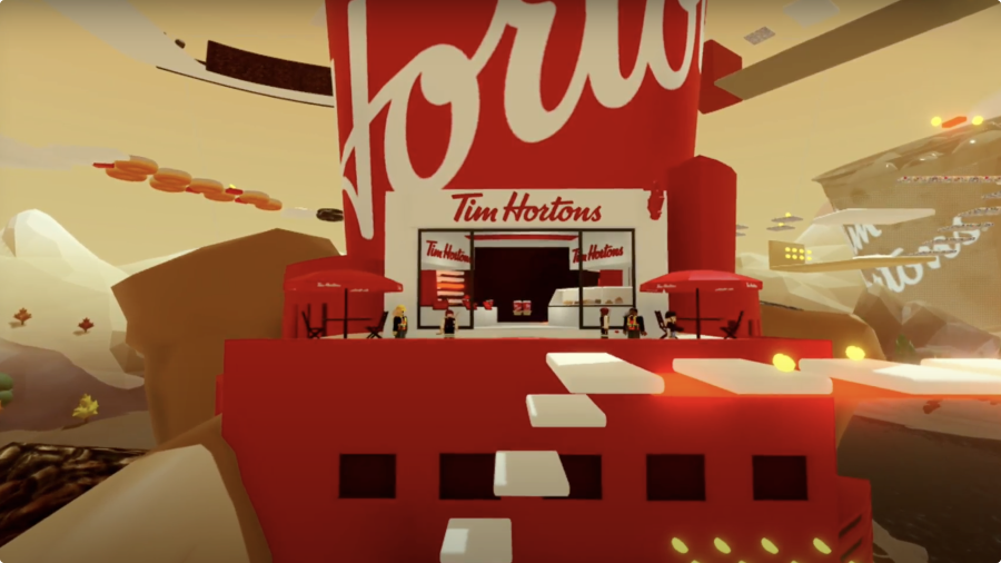 A bunch of steps leading up to the a large tim hortons red cup