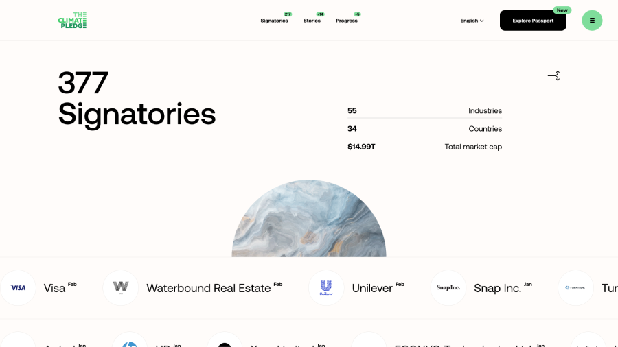 377 signatories header on the climate pledge website