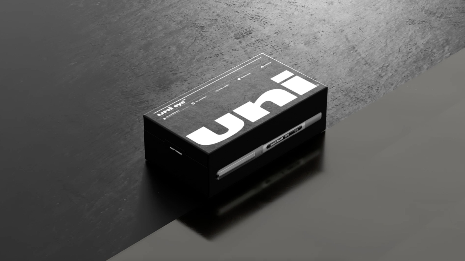 a uni designed black box in white lettering