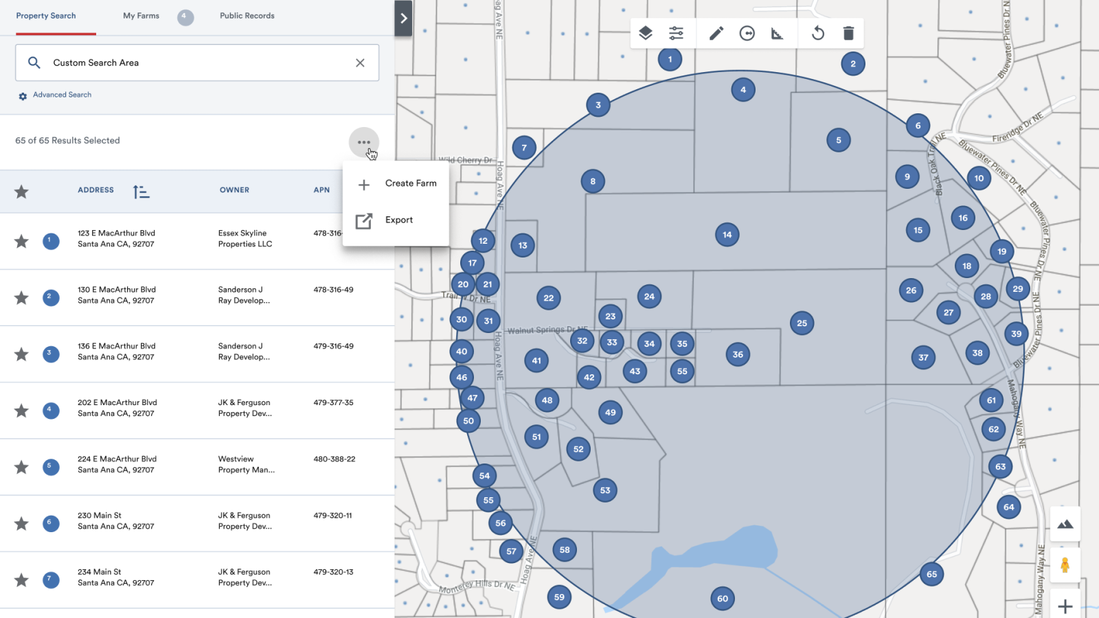 A heat map showing locations with a bunch of blue pins