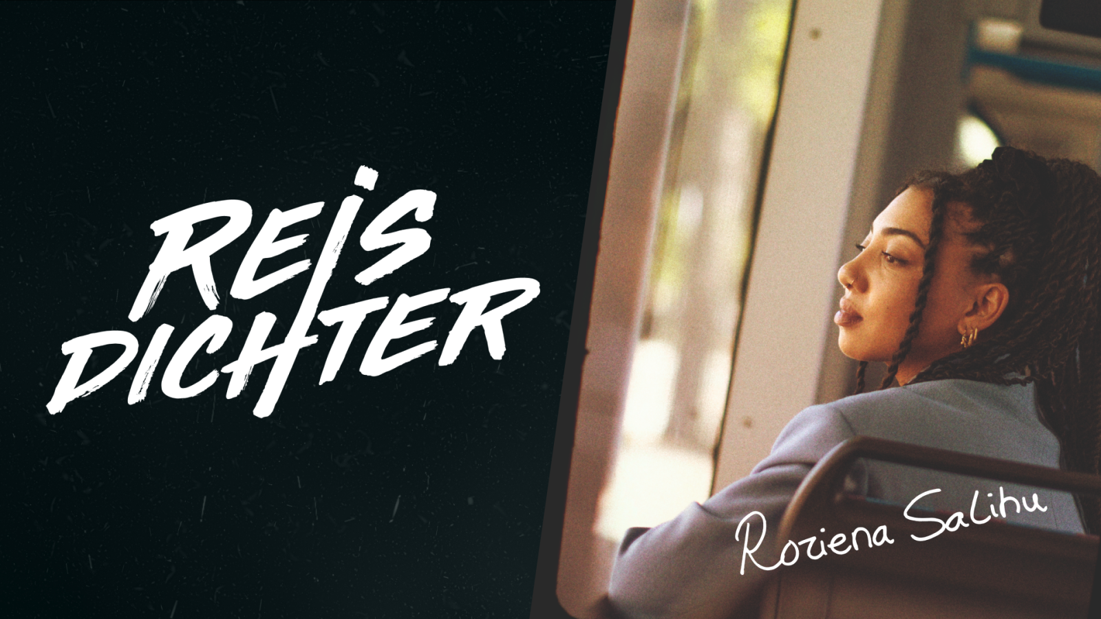 Portret of the Travel Poet. In the right side of the image you see her sitting and in the left frame you see the title 'Reisdichter'.