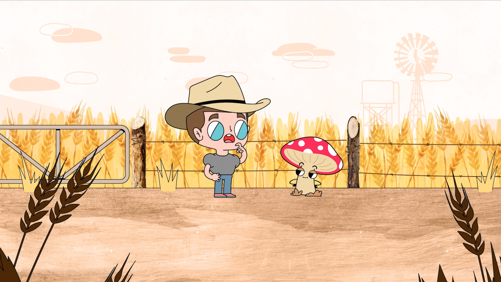 Illustration of the hero figure Zack Efron in front of a corn field wearing a cowboy hat. He is talking to a mushroom.