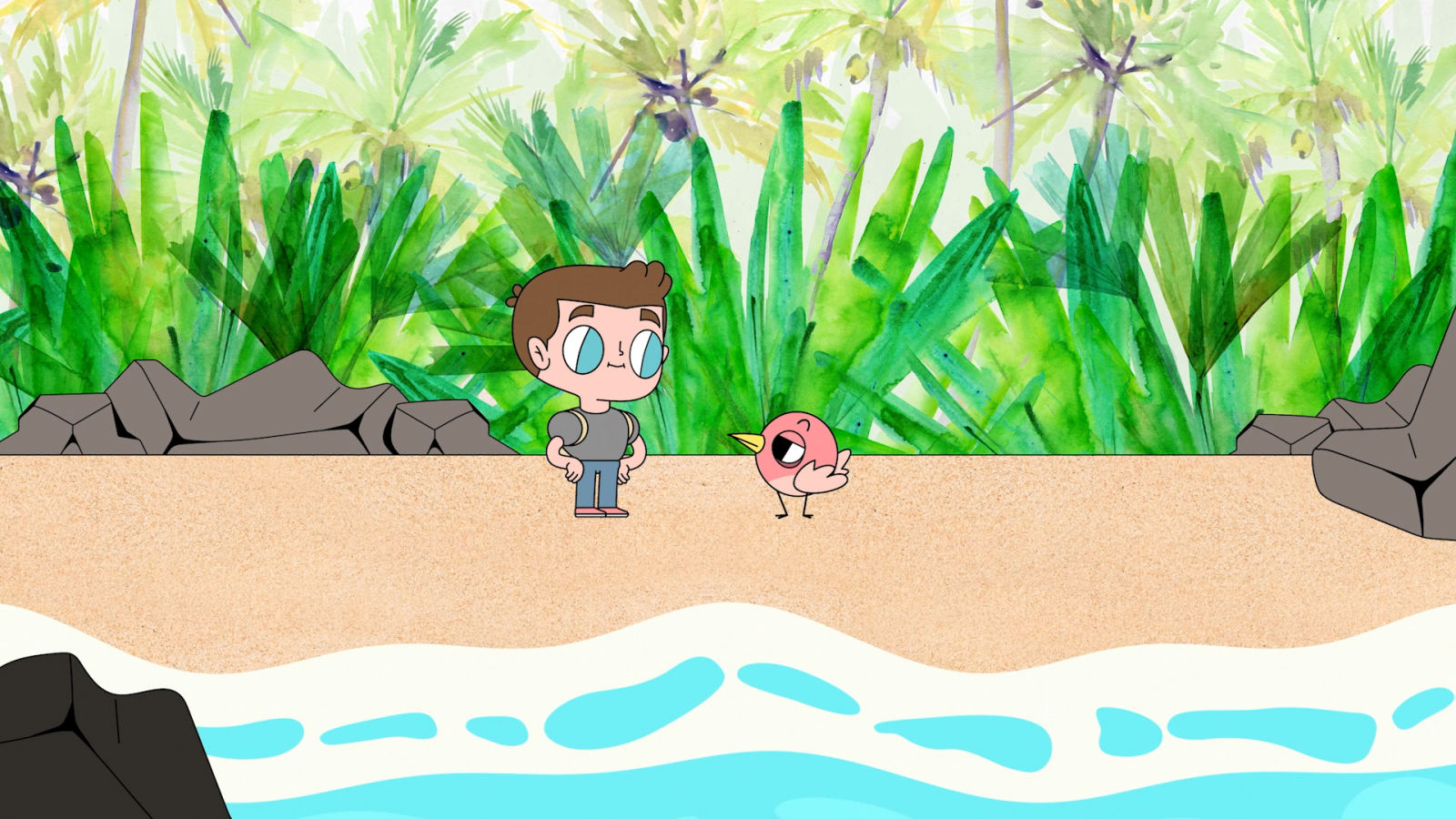 Illustration of the hero figure Zack Efron on the shore of a river. Next to a pink bird.
