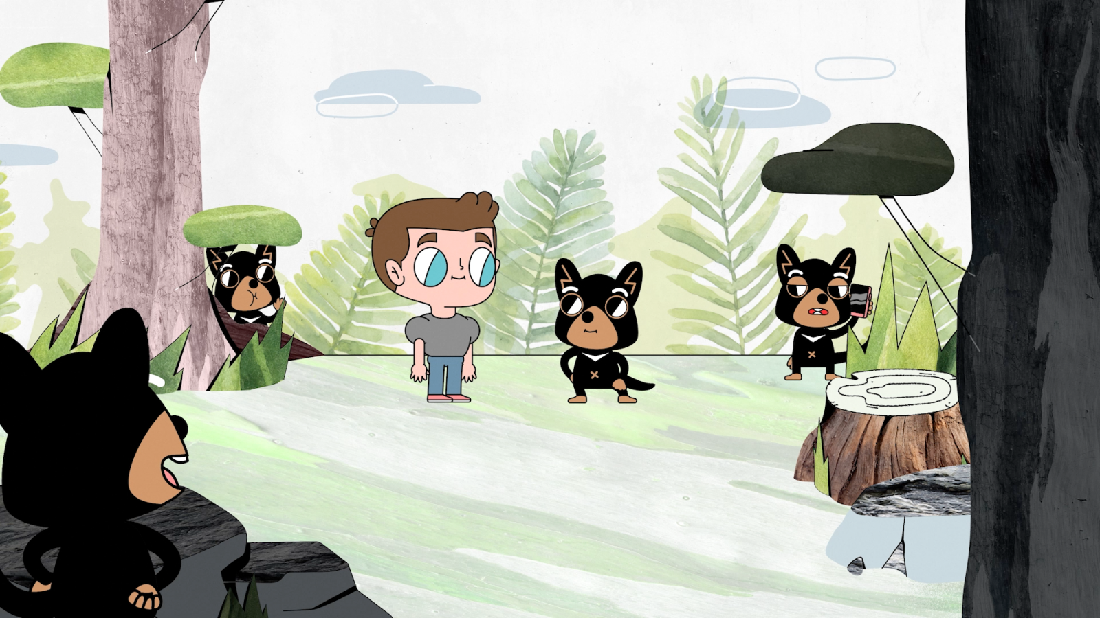 Illustration of the hero figure Zack Efron standing in the forest in the middle of a group illustrated bears.