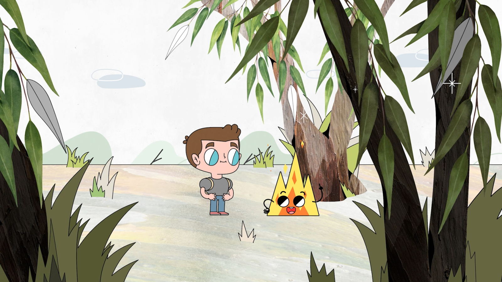 Illustration of the hero figure Zack Efron standing in the forest next to a camp fire.