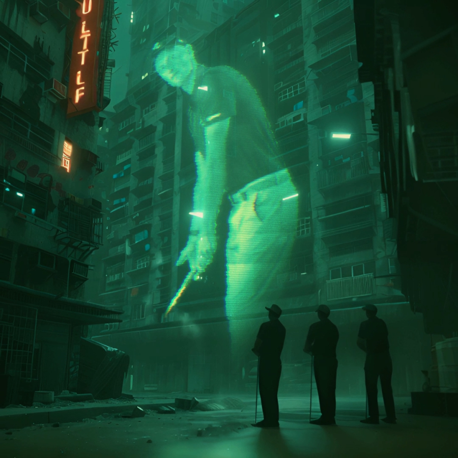 A futuristic world with a giant 3d golfer