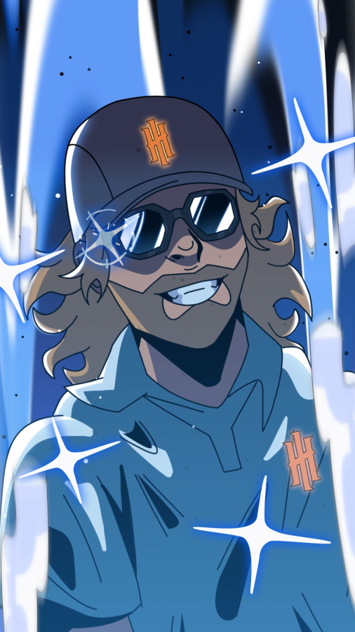 An animated golf with sunglasses and Iron Heads logos