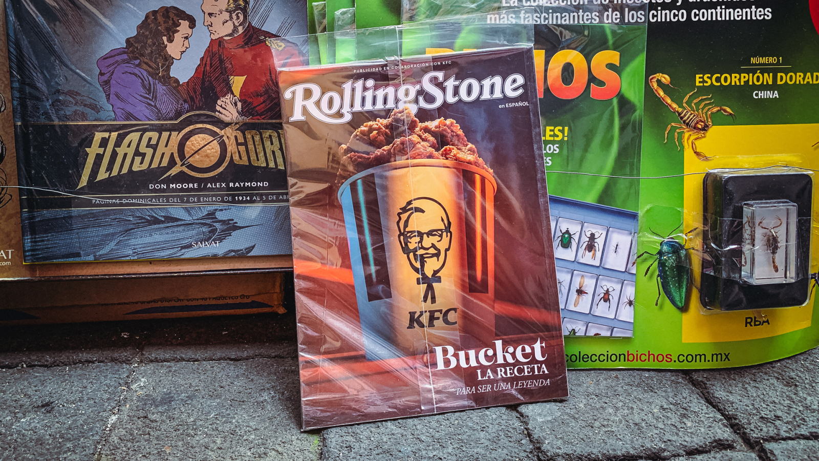 Rollingstone magazine showing KFC bucket of chicken on the street