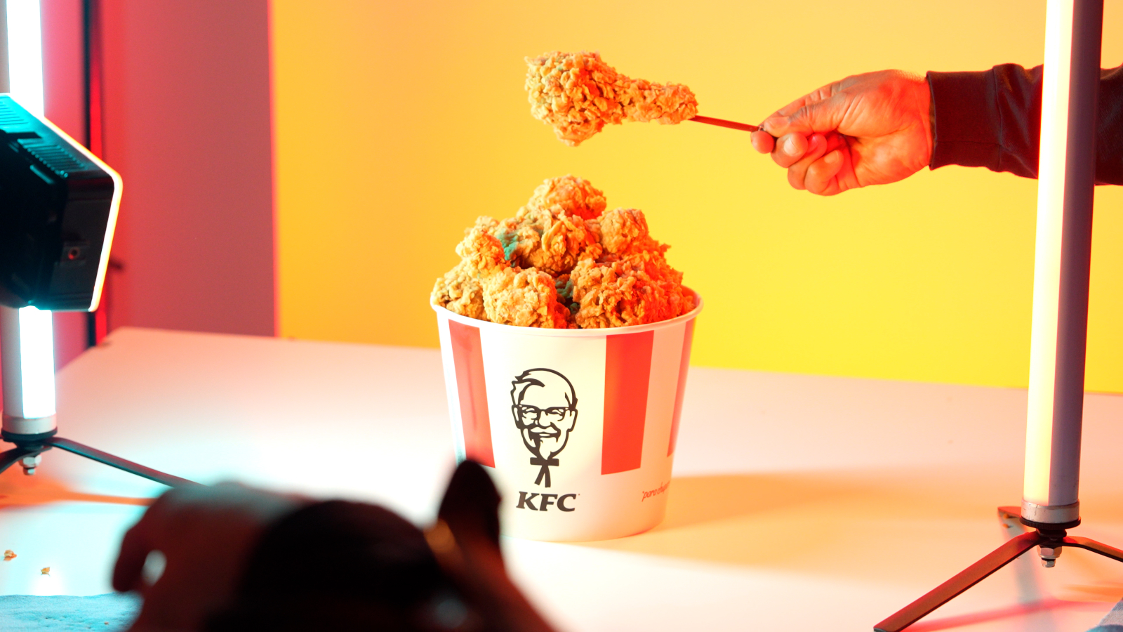 Filming the KFC bucket of chicken in a studio