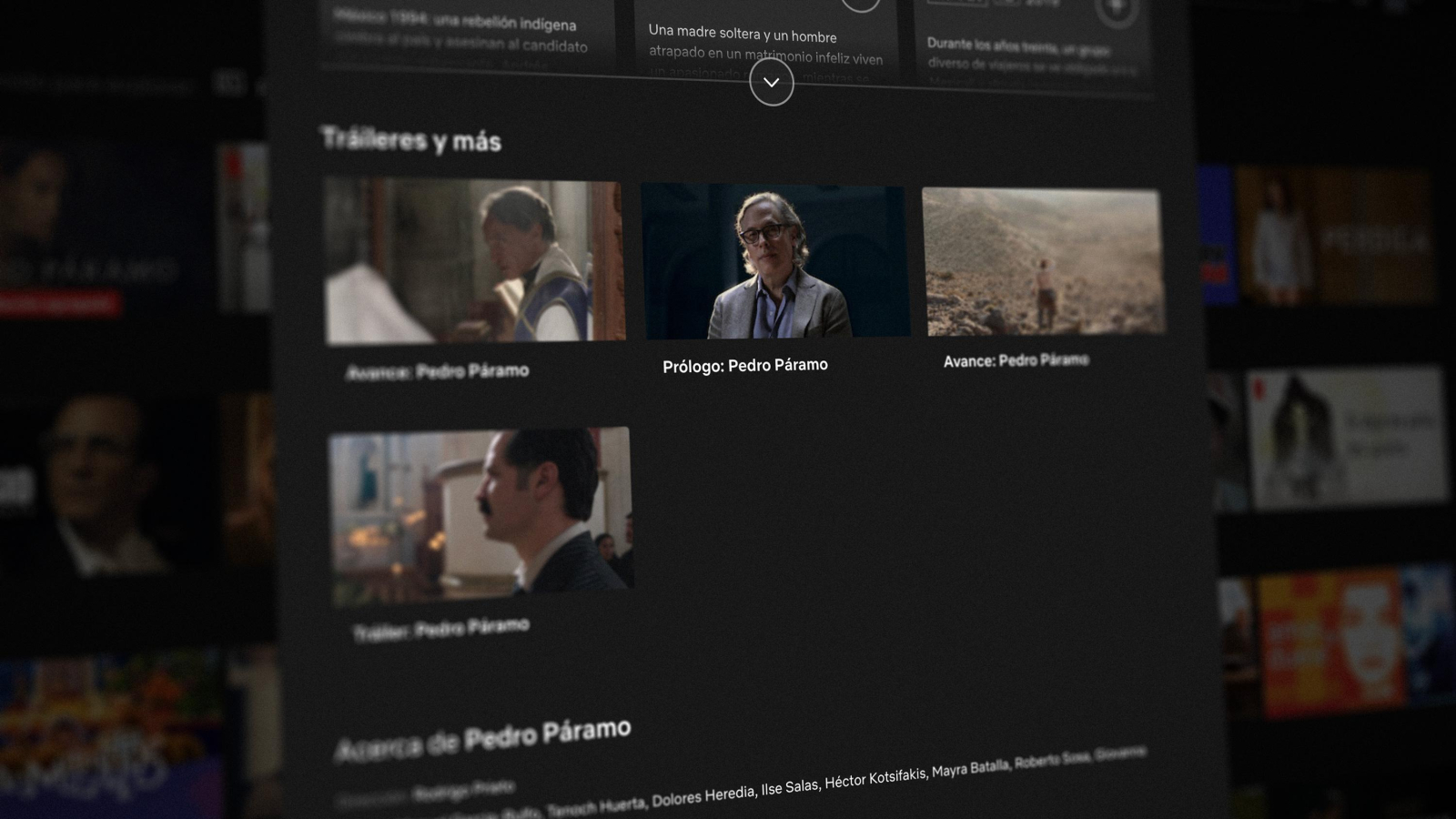 The image displays a section of a streaming platform showcasing trailers and previews for "Pedro Páramo," including a highlighted prologue segment and various stills from the content.