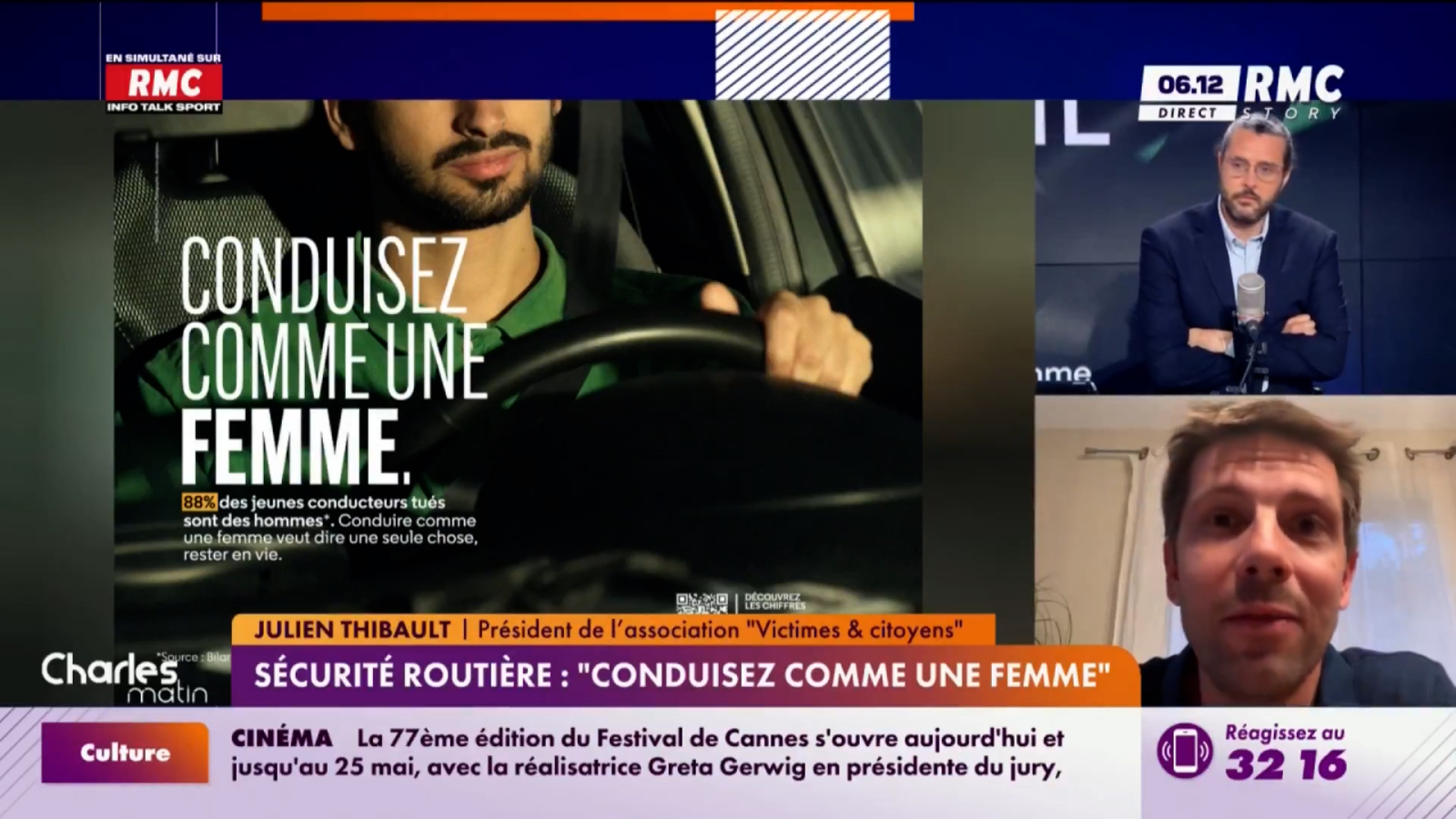 The image displays a television segment featuring a close-up of a man driving with the phrase "CONDUISEZ COMME UNE FEMME" promoting safer driving, alongside commentary from a presenter and a guest discussing road safety statistics and issues.