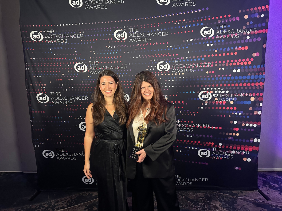 Linda Cronin and Victoria Milo of Monks accepting the 2025 AdExchanger Award for our work with Orbit