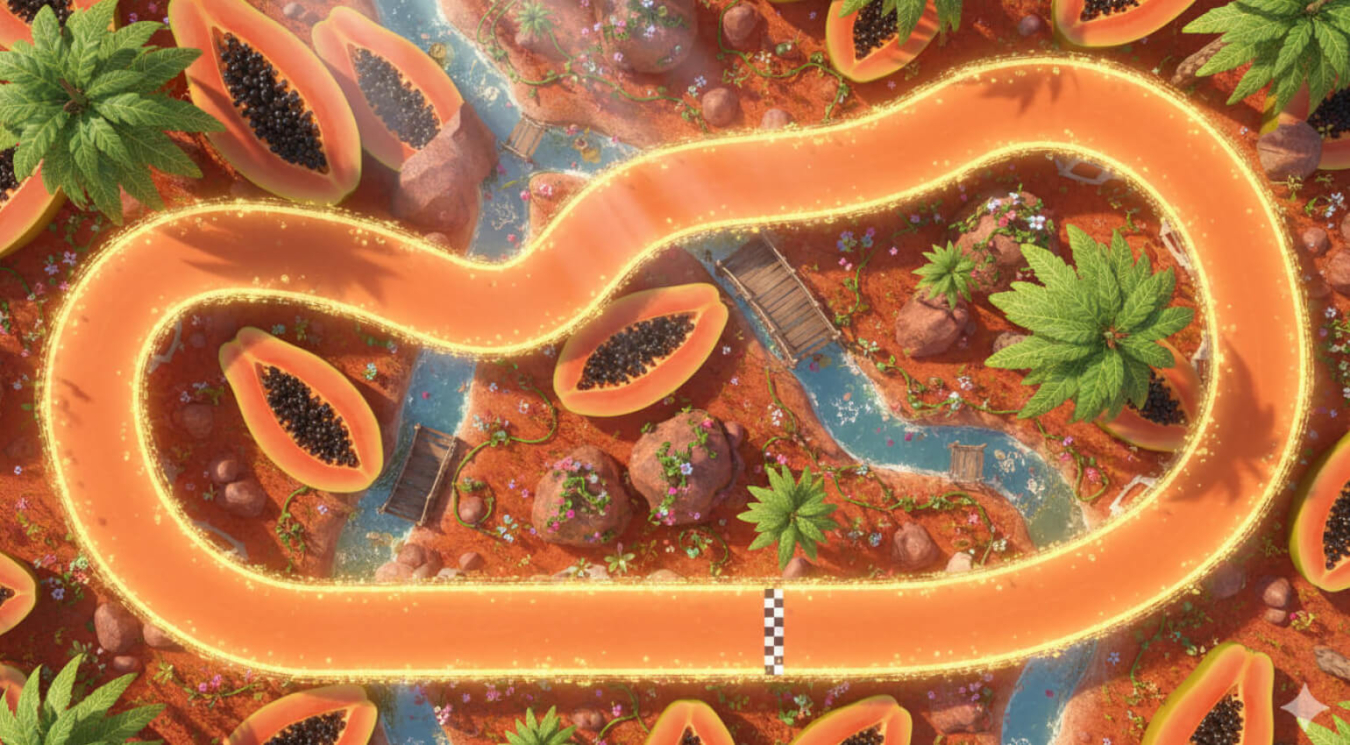 A race track created by Oscar Piastri F1 driver with a papaya theme using Google Gemini