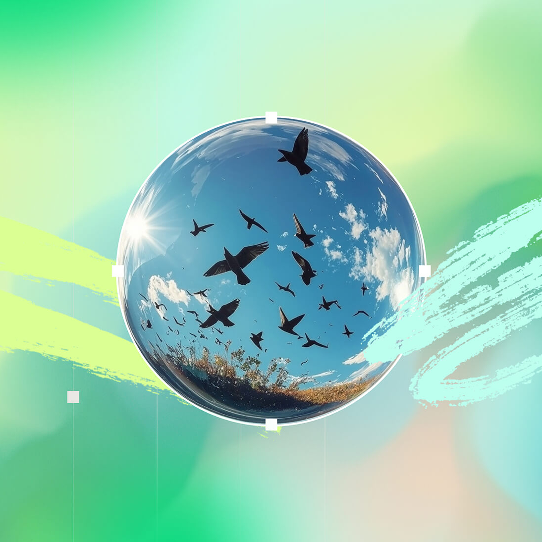 A glass orb that has birds flying across a blue sky within it.