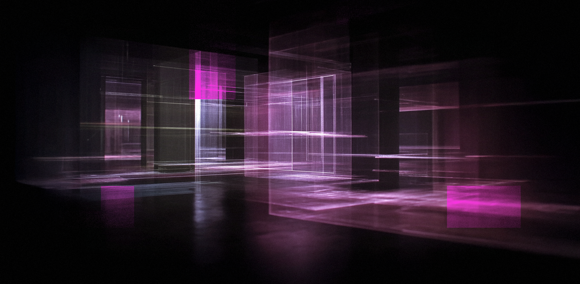 Abstract digital artwork featuring glowing, translucent pink and purple geometric structures against a dark background. The composition consists of overlapping rectangular planes and vertical pillars made of light, creating a three-dimensional, architectural feel. Horizontal light streaks and soft motion blur suggest digital movement, giving the impression of a high-tech visualization or a virtual data environment.