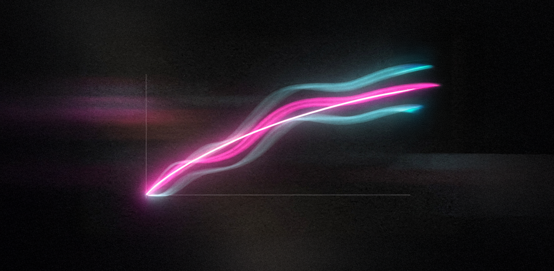 Abstract digital illustration of an upward-sloping line graph with a glowing pink and white core and wispy light-blue trails against a dark, textured background.