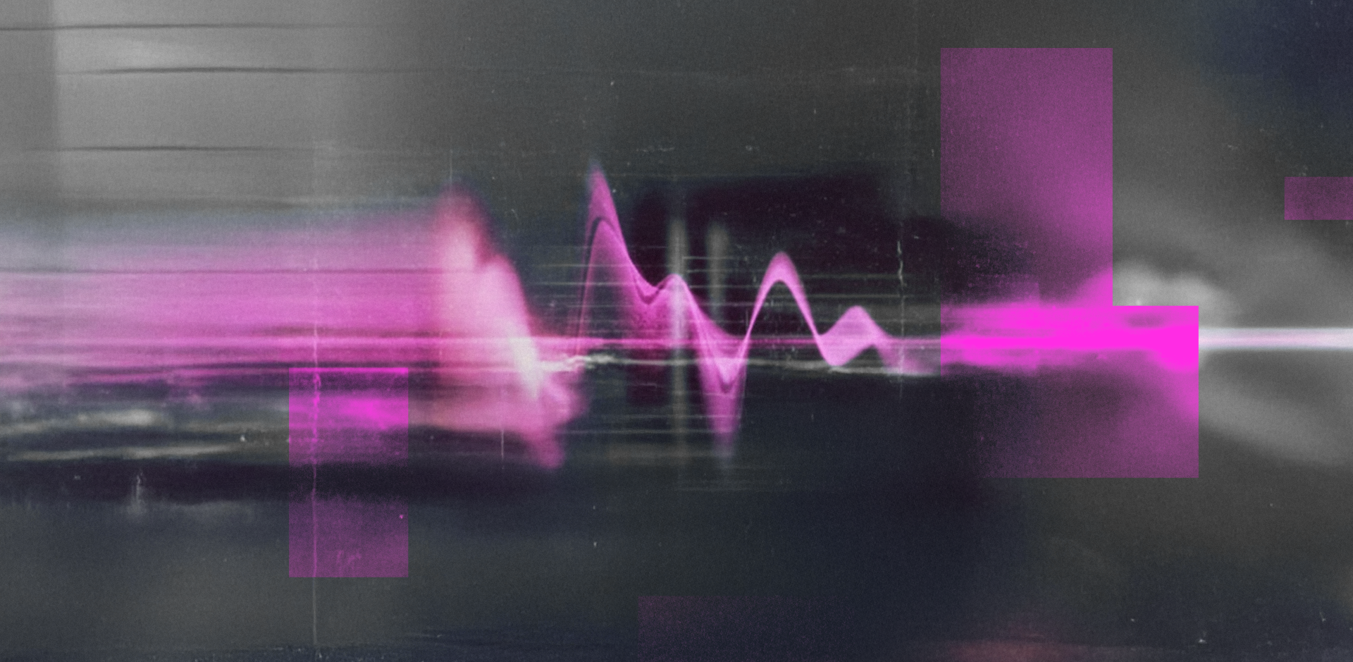 Abstract digital artwork featuring a bright pink waveform pulsing across the center against a dark, grainy, and streaked background with glitch effects. Horizontal bands of pink light and motion blur stretch across the frame, while several translucent pink rectangular blocks and geometric shapes are overlaid in the foreground and background, creating a distorted, technological feel with scan lines and noise. The overall impression is one of digital signal processing or data corruption.