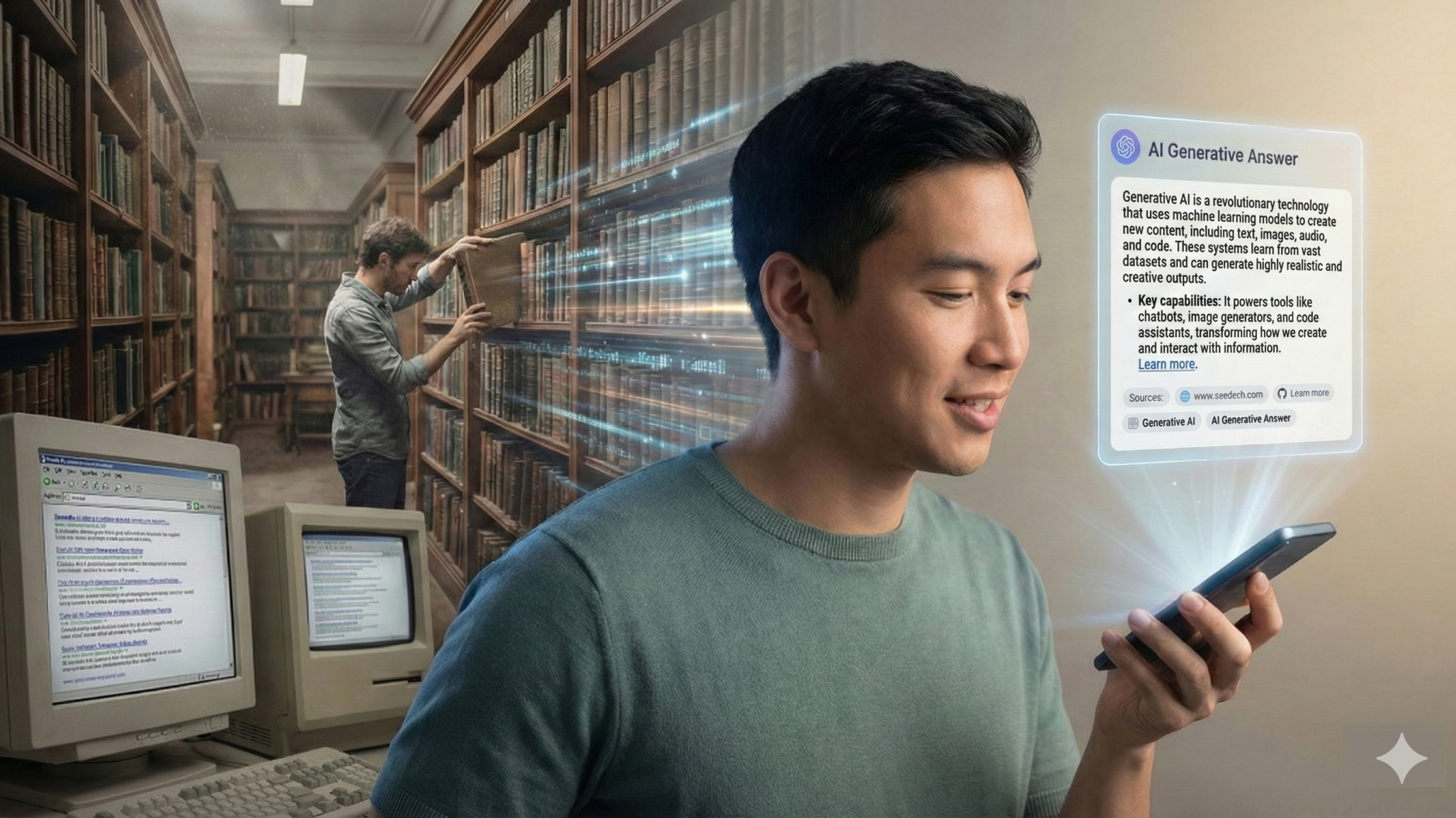 Image of a man using an LLM engine, contrasted with an image of a library which would have been used for that research before the existence of AI.