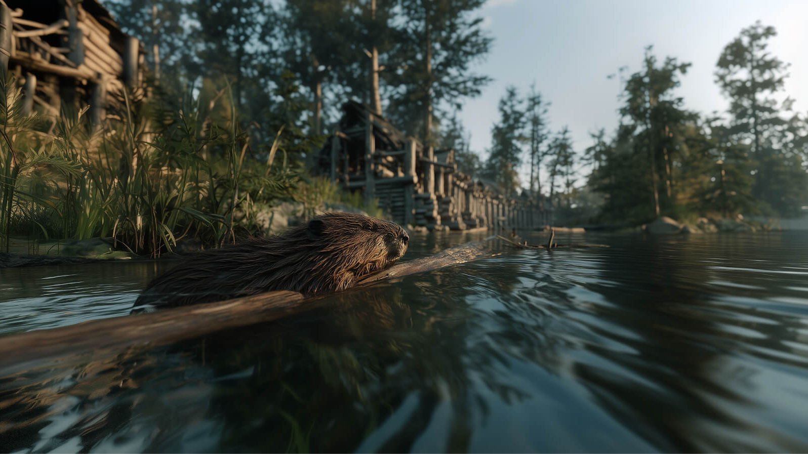A beaver laying across a stick in his pond with his large fortified dam behind him.