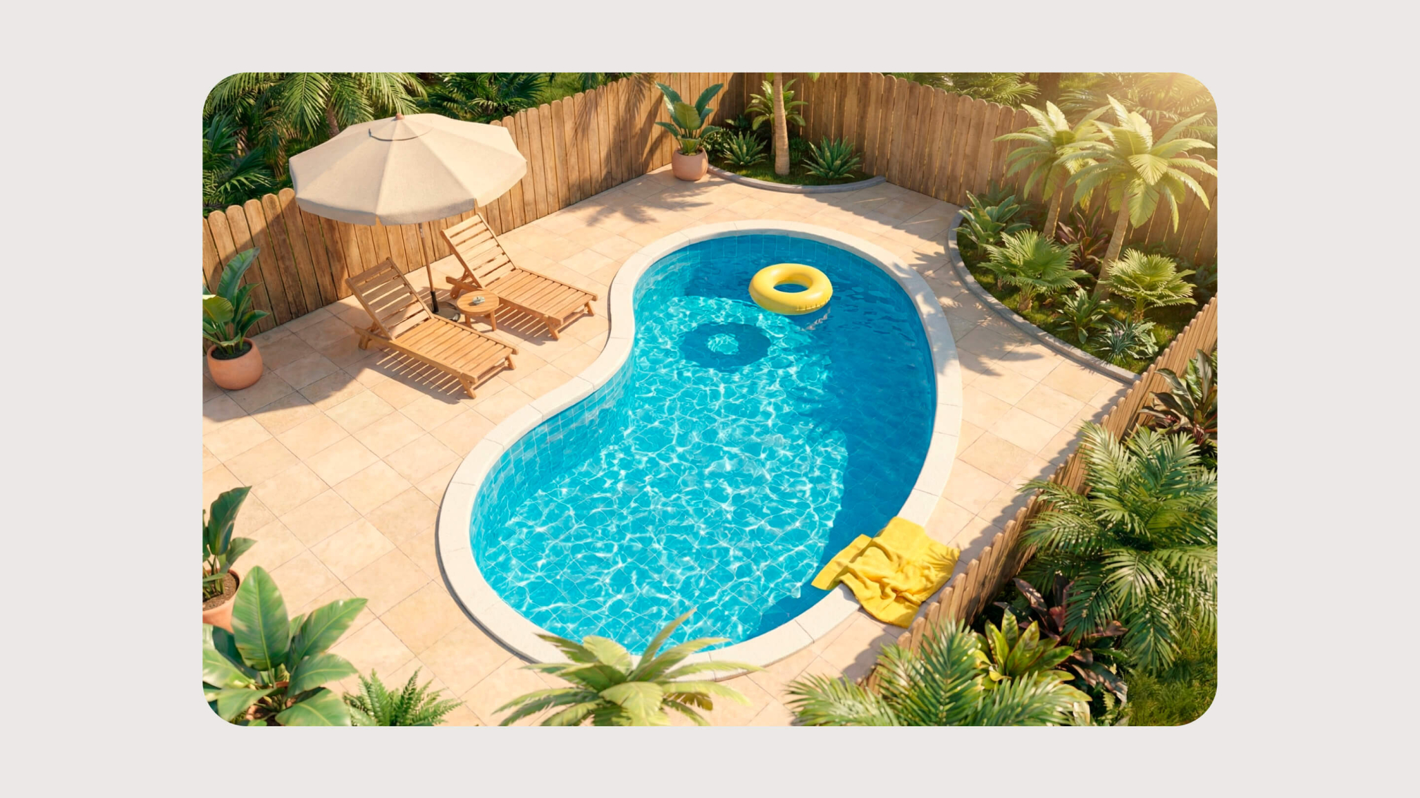 An overhead view of a sunlit tropical backyard featuring a kidney-shaped swimming pool with sparkling blue water. A yellow inner tube floats in the pool, and a yellow towel lies on the light-tiled deck nearby. To the left, two wooden lounge chairs and a small side table sit under a large beige patio umbrella. Lush green palm trees and potted plants surround the enclosed deck area, bordered by a wooden fence.