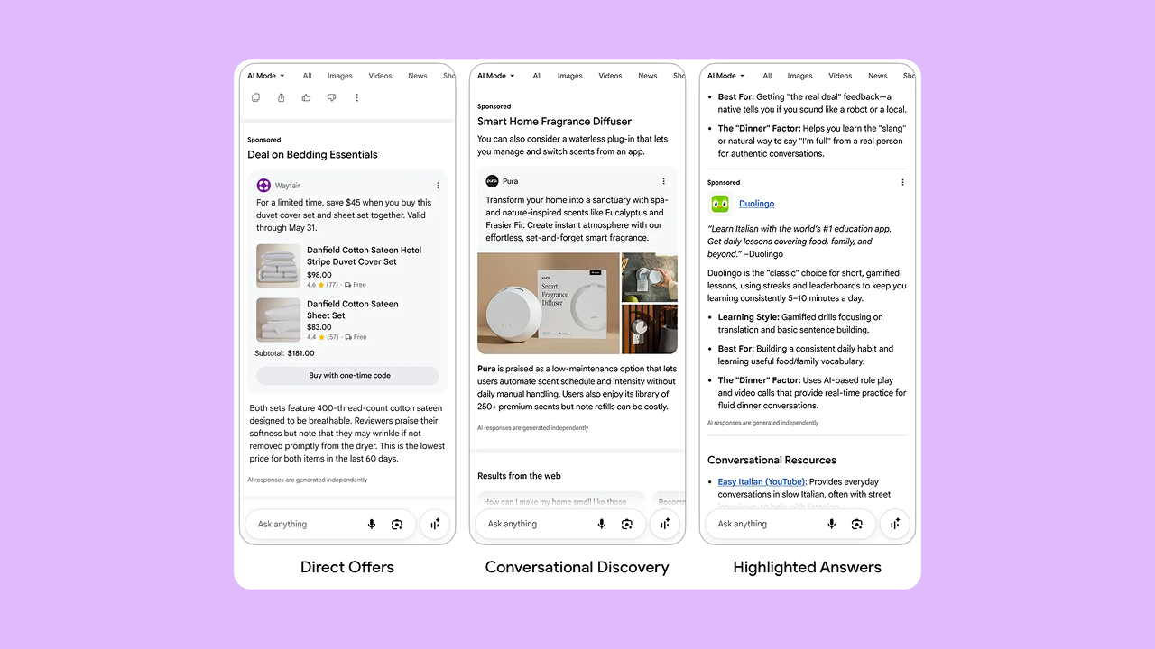 Product example from Google of conversational ads in AI Mode.