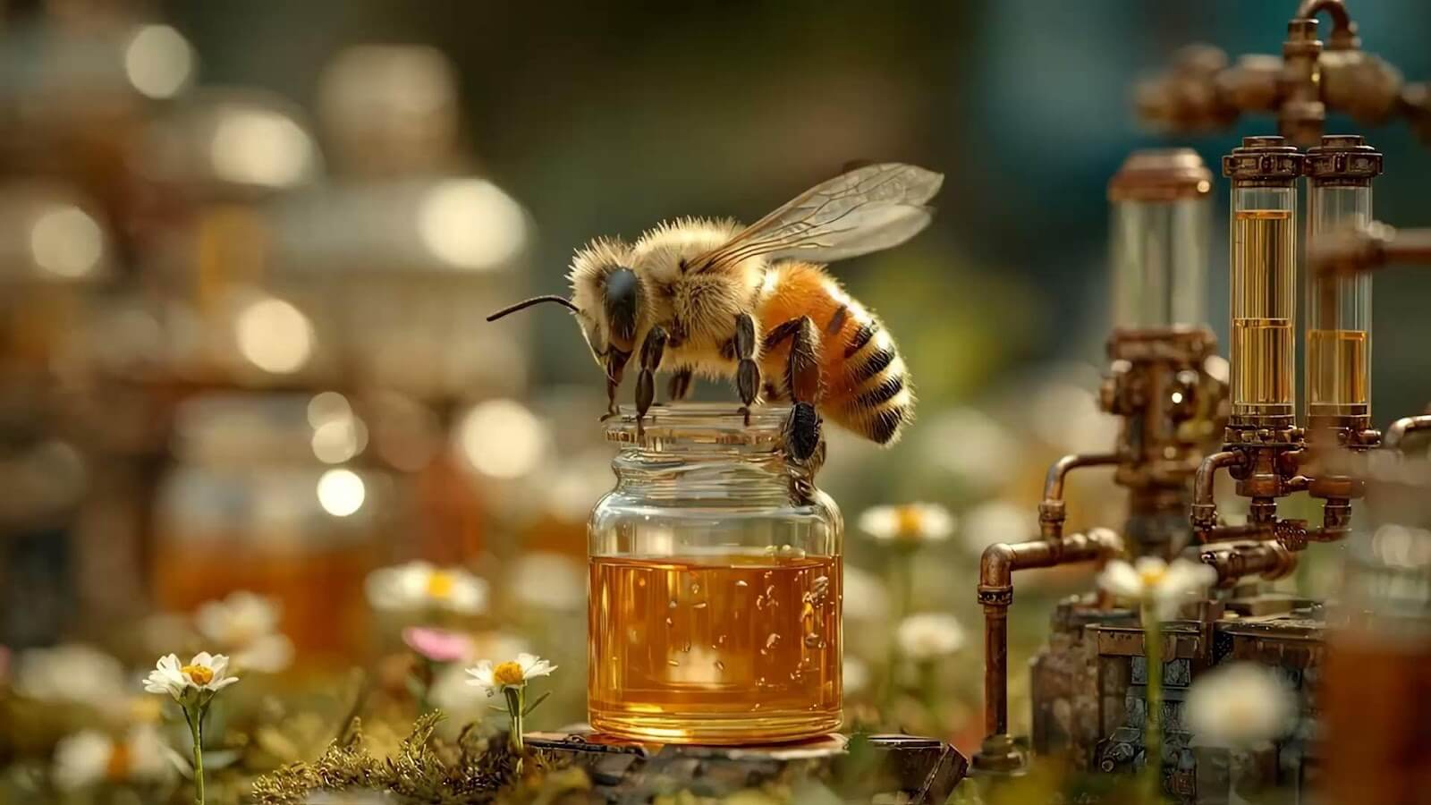 A honey bee processing honey while sitting on top of a small jar.