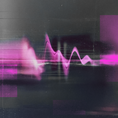 Abstract digital artwork featuring a bright pink waveform pulsing across the center against a dark, grainy, and streaked background with glitch effects. Horizontal bands of pink light and motion blur stretch across the frame, while several translucent pink rectangular blocks and geometric shapes are overlaid in the foreground and background, creating a distorted, technological feel with scan lines and noise. The overall impression is one of digital signal processing or data corruption.