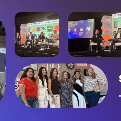 The images feature various panel discussions and group photos from the event. Two photos show speakers on a stage with a "Rivian" backdrop and colorful illustrations; one speaker is wearing a brown jacket and a hat while gesturing during a talk. A third photo shows a group of four people standing together in front of a stage, and the fourth photo shows a group of six women smiling together in a lounge area. The SXSW and Monks logos are displayed in the bottom right corner.