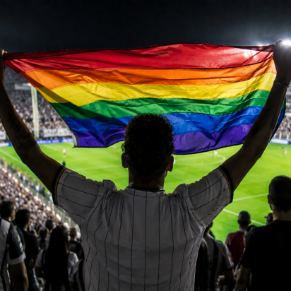 ai generated person with pride flag at stadium