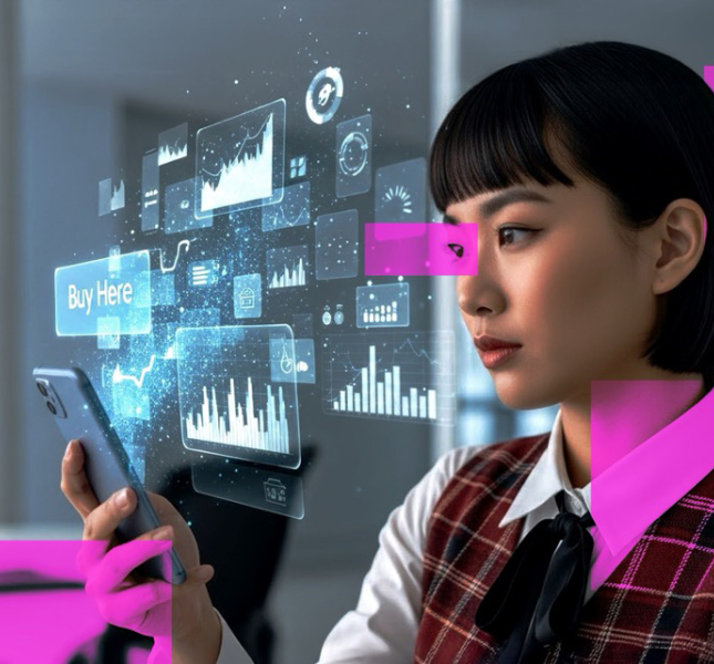 Asian lady looking at a phone while holograms emerge out from the phone