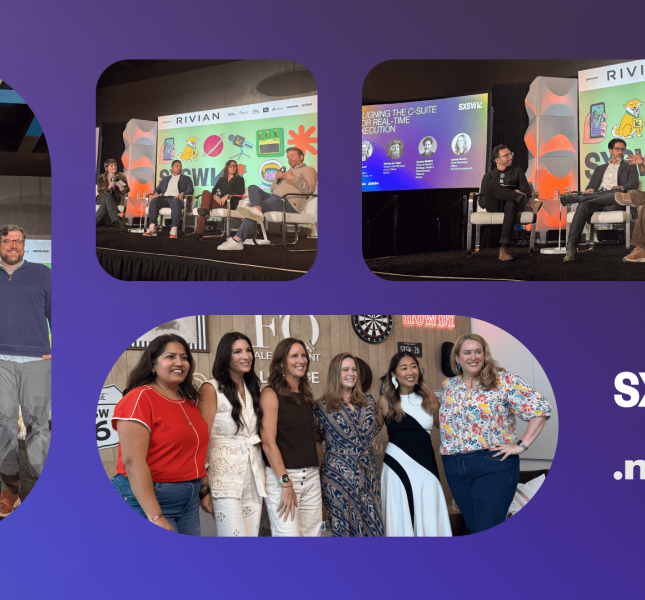 The images feature various panel discussions and group photos from the event. Two photos show speakers on a stage with a "Rivian" backdrop and colorful illustrations; one speaker is wearing a brown jacket and a hat while gesturing during a talk. A third photo shows a group of four people standing together in front of a stage, and the fourth photo shows a group of six women smiling together in a lounge area. The SXSW and Monks logos are displayed in the bottom right corner.