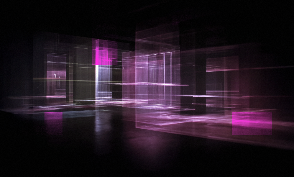 Abstract digital artwork featuring glowing, translucent pink and purple geometric structures against a dark background. The composition consists of overlapping rectangular planes and vertical pillars made of light, creating a three-dimensional, architectural feel. Horizontal light streaks and soft motion blur suggest digital movement, giving the impression of a high-tech visualization or a virtual data environment.