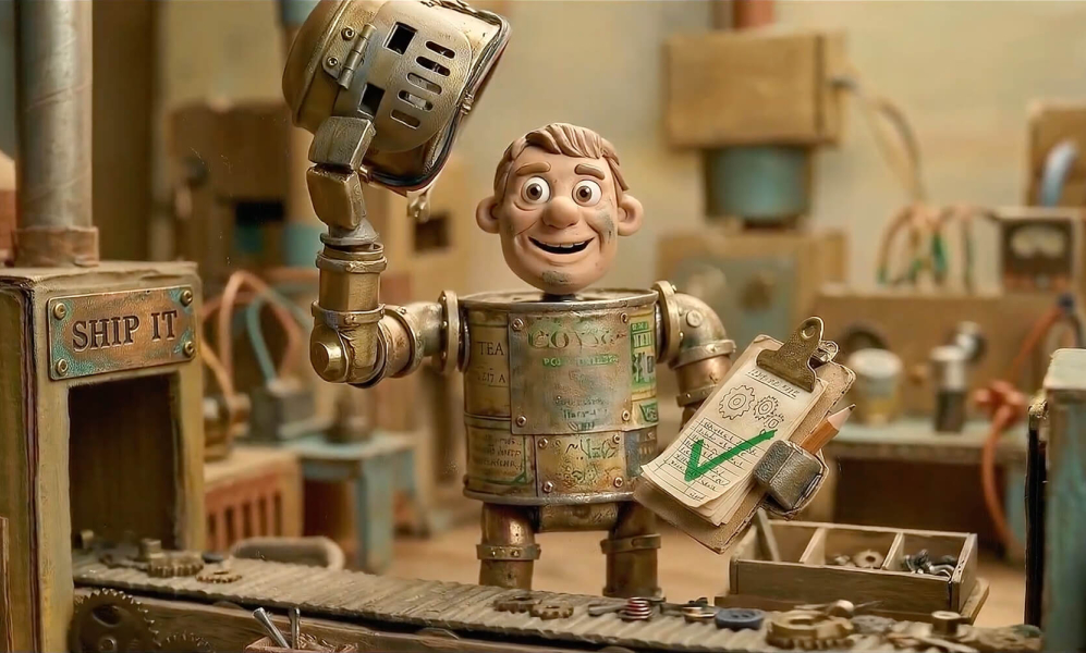 an AI-generated image of a claymation man wearing a metal robot suit that resembles a knight, standing at an assembly line