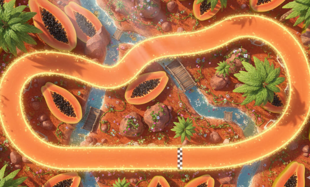 A race track created by Oscar Piastri F1 driver with a papaya theme using Google Gemini