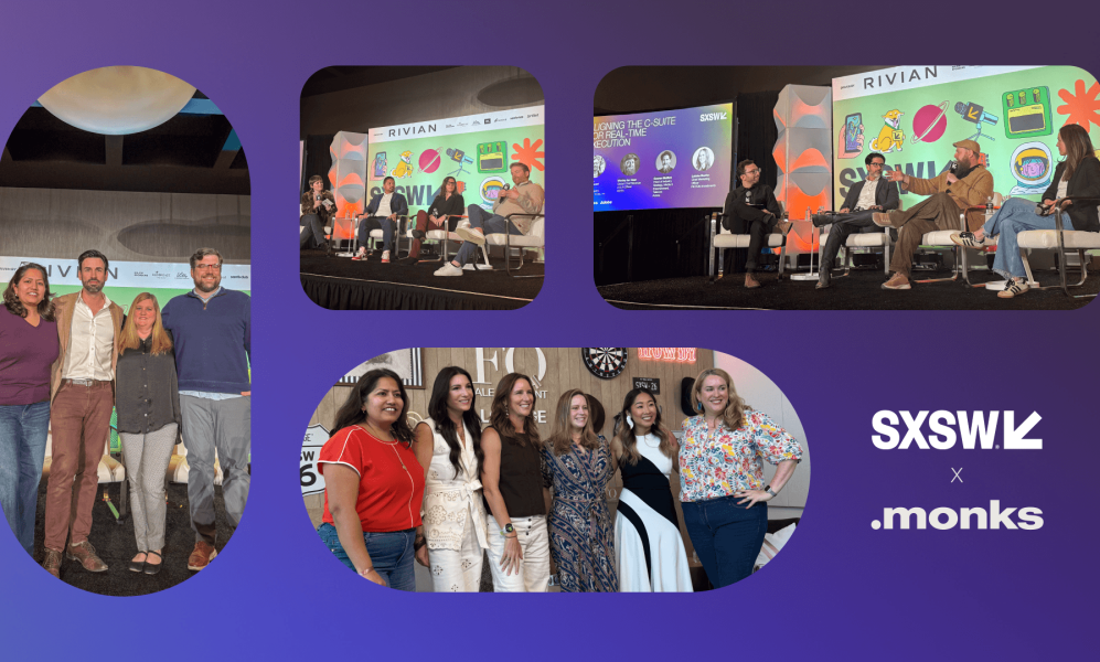 The images feature various panel discussions and group photos from the event. Two photos show speakers on a stage with a "Rivian" backdrop and colorful illustrations; one speaker is wearing a brown jacket and a hat while gesturing during a talk. A third photo shows a group of four people standing together in front of a stage, and the fourth photo shows a group of six women smiling together in a lounge area. The SXSW and Monks logos are displayed in the bottom right corner.